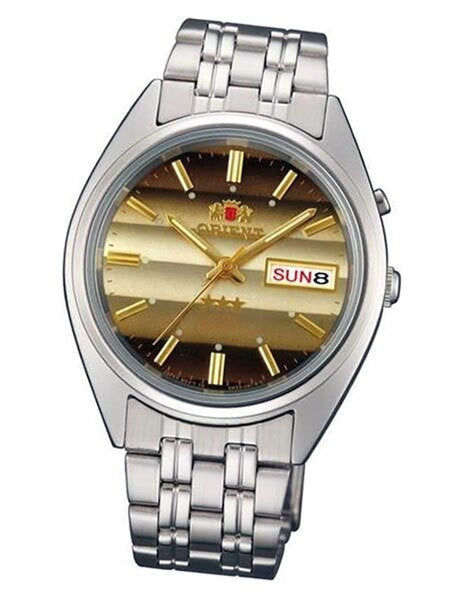 Orient Automatic Watch with Louver-Like Brown Dial, Day-Date and SS Bracelet #EM0401PU