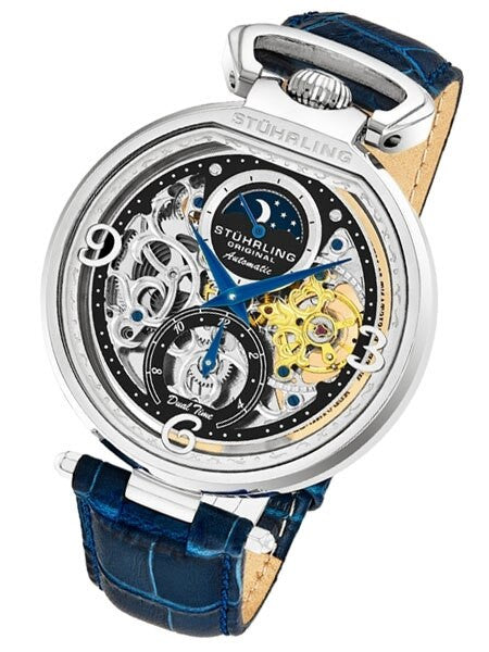 Stuhrling automatic dual time watch with 46mm case, skeleton dial, blue leather strap #889.01