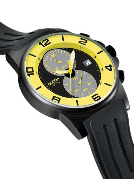 Boccia Yellow-Black Dial Quartz Chronograph with Black 45mm Titanium Case and Rubber Strap #3777-27