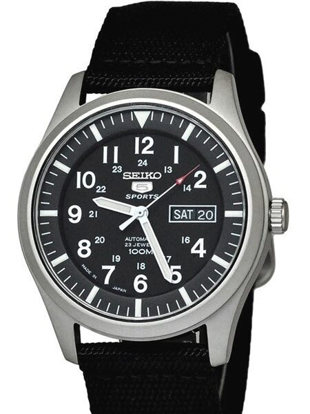 Seiko Military Black Dial Automatic Watch with 42mm Case, Black Canvas Strap #SNZG15J1
