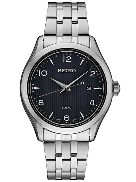 Seiko Solar Watch with 42mm Stainless Steel Case and Patterned Black Dial #SNE489