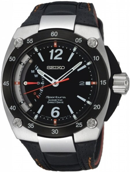 Seiko Sportura Kinetic Watch with a 49mm Stainless Steel Case, Black Dial, and Power Reserve #SRG005P2