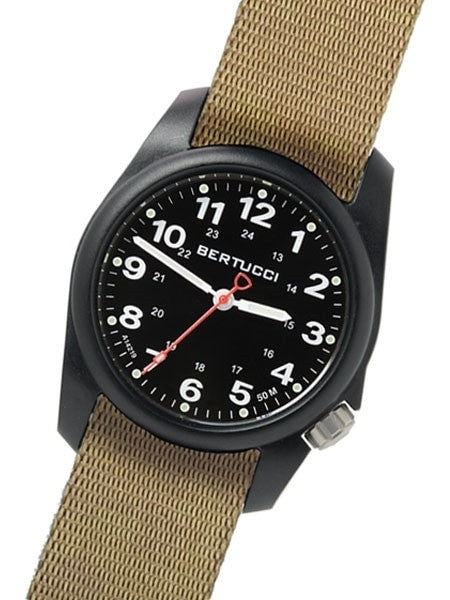 Bertucci A-1R Field Comfort watch with fiber reinforced polycarbonate Unibody case, Khaki Nylon Strap, Black Dial #10502