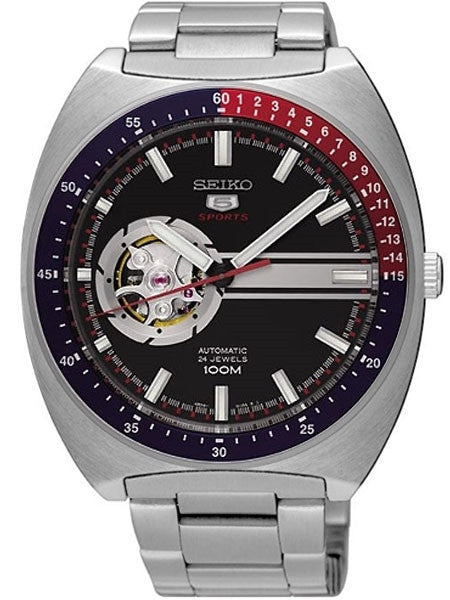 Seiko 44mm Sports 5 Automatic 24-Jewel Watch with an Open Heart Black Dial #SSA329K1