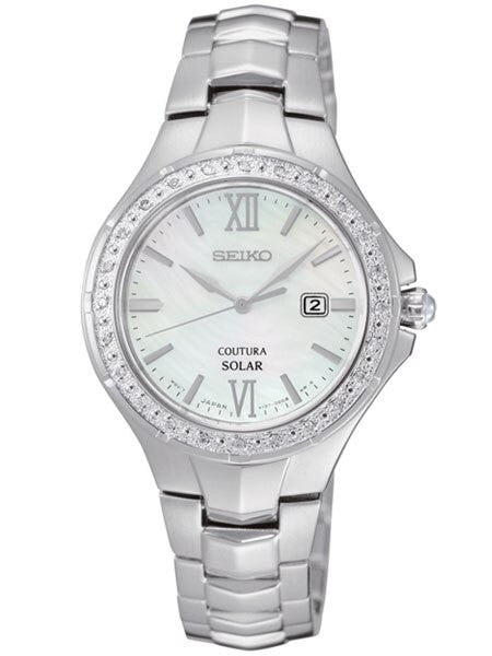 Seiko Ladies Coutura Solar Dress Watch with Mother of Pear Dial and Diamond Bezel #SUT239