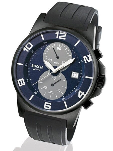 Boccia Navy Blue Dial Quartz Chronograph with Black 45mm Titanium Case and Rubber Strap #3777-13