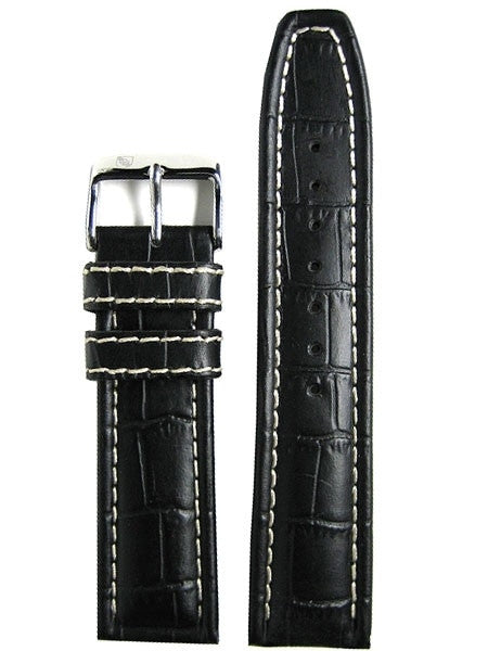 Toscana Black Alligator Grained Leather Watch Strap with White Stitching #RY6-31430