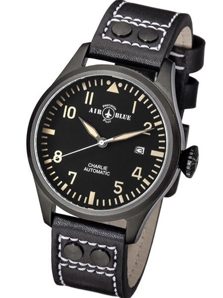 Air Blue Charlie Automatic Pilot Watch with 44mm PVD Case, Sapphire Crystal #CHARLIEAUTOPVDBLKTAN