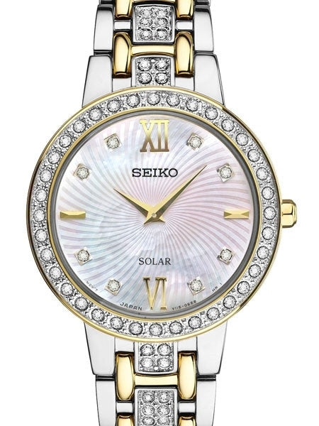 Seiko Ladies Solar Dress Watch with Swarovski Crystals, Mother of Pearl Dial #SUP360