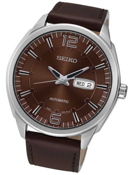Seiko Automatic Watch with Brown Dial, 45mm Stainless Steel Case, Brown Leather Strap #SNKN49
