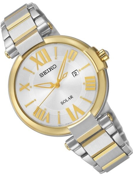 Seiko Two-Tone Women's Solar Dress Watch with Silver Dial, Goltone Hands and Markers #SUT174