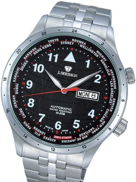 J. Springs Automatic 21-Jewel World Time Watch with Day and Date, Black Dial #BEB099