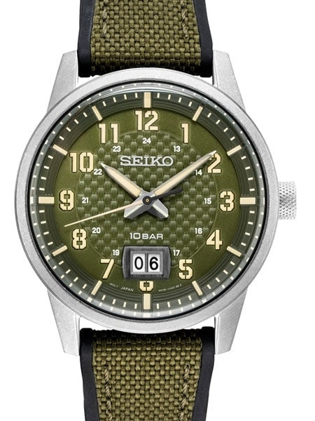 Seiko 41mm Big Date Quartz Sport Watch with Carbon Fiber Style Dial #SUR323