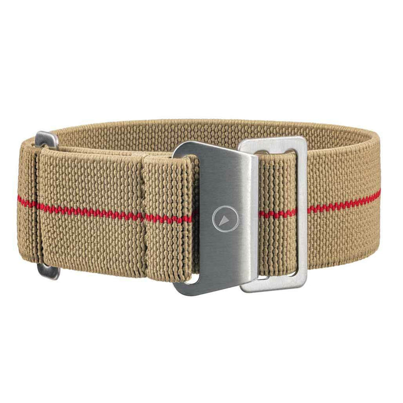 Camel Elastic Woven Nylon Strap with Red Stripe, Brushed Finish Steel Clasp #EWB-17-SS