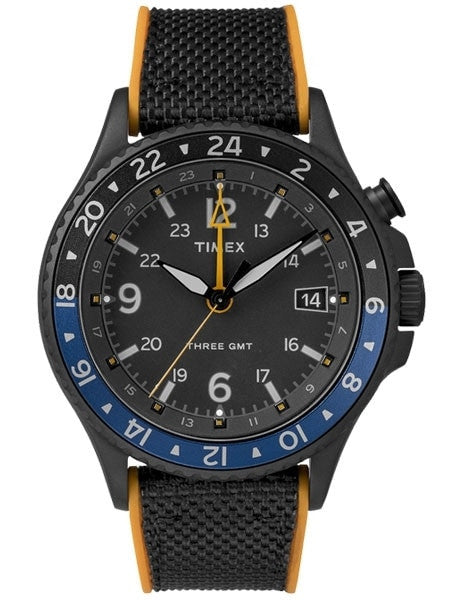 Timex 43mm Allied Three GMT Quartz Watch with Black Dial and INDIGLO Night-Light #TW2R70600VQ
