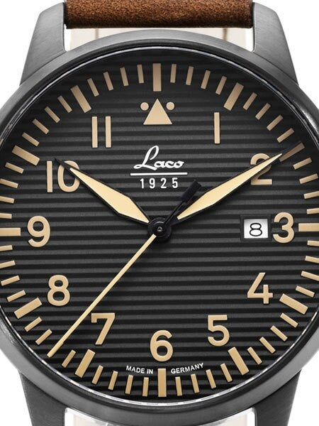 Laco St. Gallen Quartz Pilot Watch with 42mm PVD Case and Corrugated Dial #861973