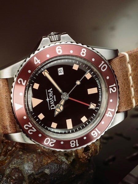 Davosa Vintage-Styled 100-Meter GMT Dual Time Watch with Black Dial #16250065