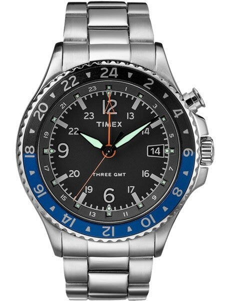 Timex 43mm Allied Three GMT Quartz Watch with Black Dial and INDIGLO Night-Light #TW2R43500VQ