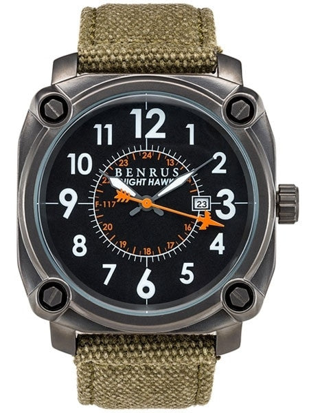 BENRUS 43mm Stainless Steel, Military-Inspired Quartz Nighthawk Watch #BR002A