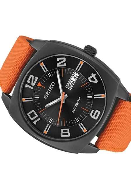 Seiko Recraft Series Automatic Watch with 43.5mm Black PVD Case, Orange Canvas Strap #SNKN39