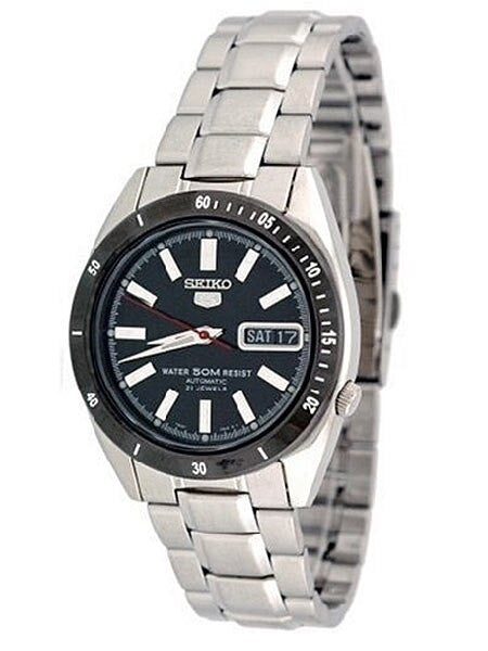 Seiko 21-Jewel Automatic Watch with Carbon Fiber Dial and Black Bezel #SNKF51K1