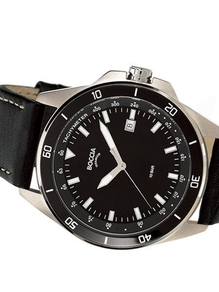 Boccia Mens Black Dial Quartz Sport Watch with 44mm Titanium Case and Leather Strap #3577-06