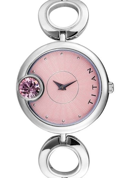 Titan Ladies Pink Dial Quartz Watch with Purple Crystal and Stainless Steel Bracelet #2503SM01
