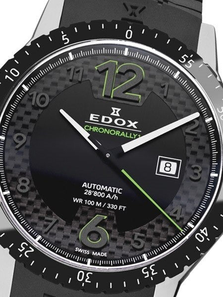Edox Chronorally Swiss Automatic Sport Watch with Carbon Fiber Ringed Black Dial #80094-3N-NV