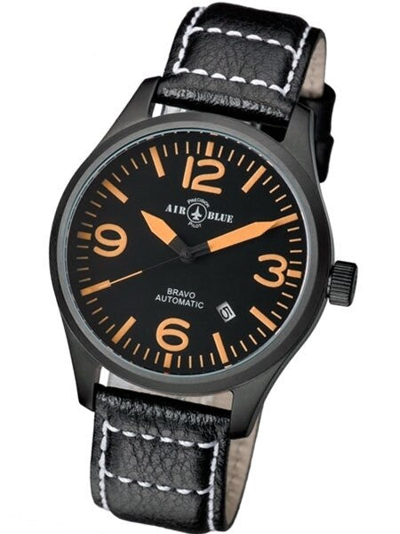 Air Blue Bravo Automatic Pilot Watch with 44mm PVD Case, Sapphire Crystal #BRAVOAUTOPVDBLKORG