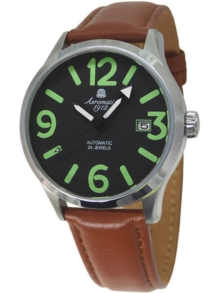 Aeromatic 1912 Retro Styled 24-Jewel Automatic Watch with Brown Leather Strap #A1435B