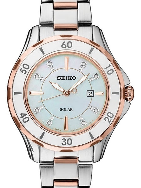 Seiko Two-Tone Women's Solar Dress Watch with MOP Dial, Rose Goltone Hands and 8 Diamond Markers #SUT340