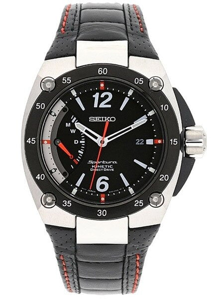 Seiko Sportura Kinetic Watch with a 49mm Stainless Steel Case, Black Dial, and Power Reserve #SRG005P2