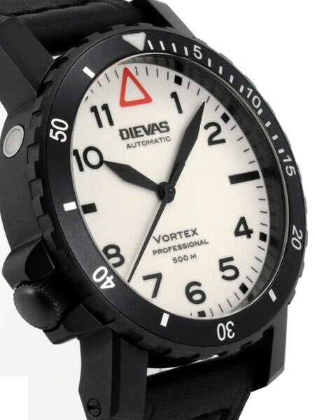Dievas Vortex Professional Tactical Dive Watch with Black PVD Case, Offset Crown at 8:00 and White, Fully Luminous Dial
