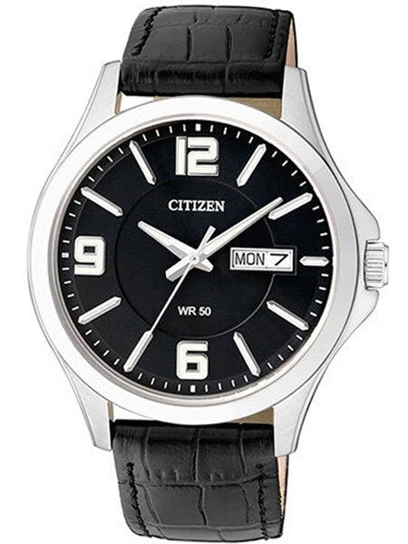 Citizen Quartz Casual Watch with Black Aviator-Style Dial and Leather Strap #BF2001-04E