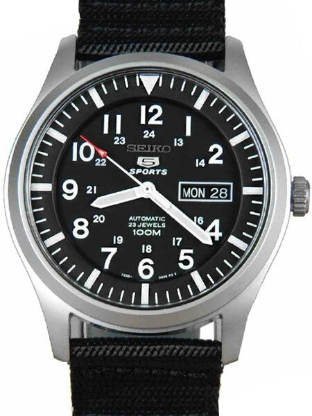 Scratch and Dent - Seiko Military Black Dial Automatic Watch with 42mm Case, Black Canvas Strap #SNZG15K1