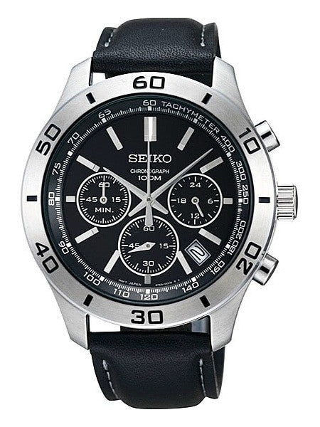 Seiko Quartz Chronograph with 24-hour Sub-Dial on a Black Leather Strap #SSB049p2