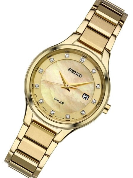 Seiko Ladies Solar Goldtone Dress Watch with Diamond Hour Markers #SUT320