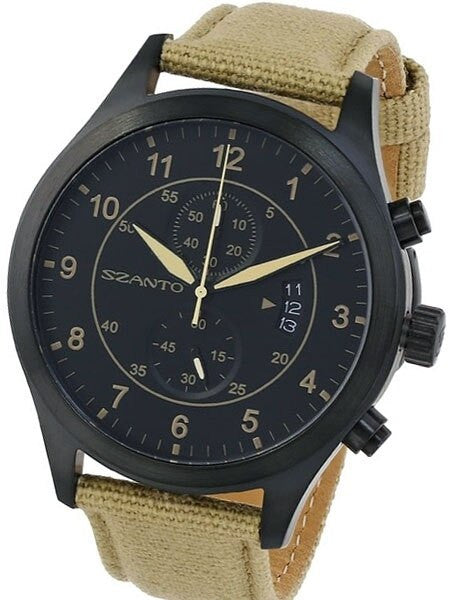 Szanto 46mm Black Ion Plated Vintage Inspired Military Chronograph Watch #1202