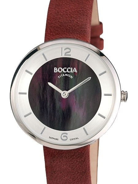 Boccia Ladies Quartz Watch with MOP Dial, Titanium Case and Red Suede Leather Strap #3244-02