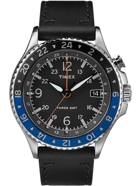 Timex 43mm Allied Three GMT Quartz Watch with Black Dial and INDIGLO Night-Light #TW2R43600VQ