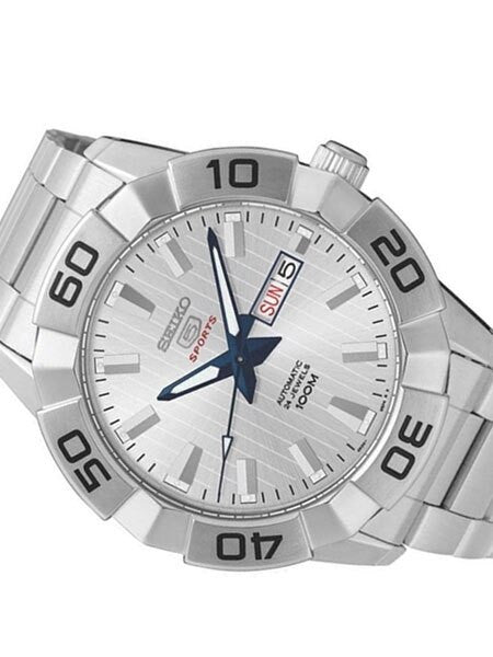 Seiko 45mm Sports 5 Automatic 24-Jewel Watch with Pinstriped Silver Dial #SRPA49K1