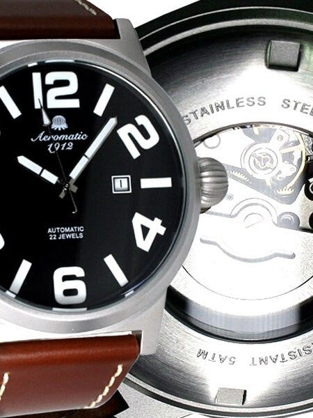 Aeromatic 1912 Automatic XL Size Military Watch with Black Dial, Onion Crown #A1361