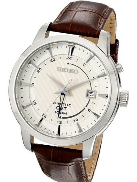 Seiko Core Series Kinetic GMT Dual-Time Watch with 44mm Case and Leather Strap #SUN041