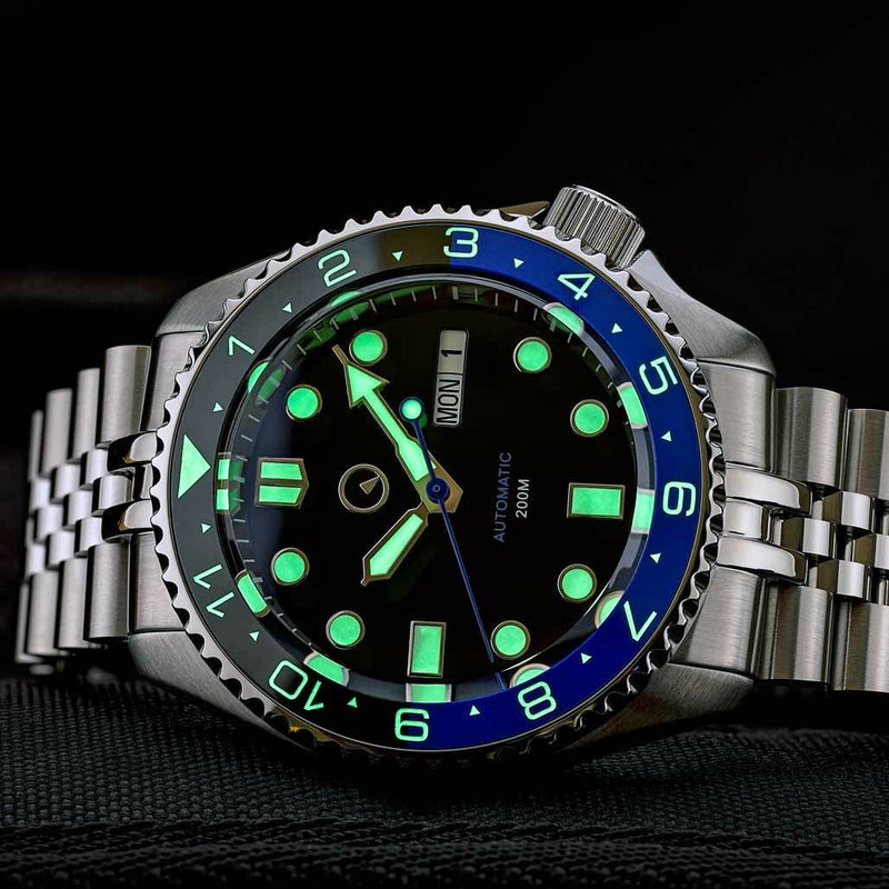 Islander Automatic Dive Watch with Solid-Link Bracelet, AR Sapphire Crystal, Dual-Time Luminous "Batman" Bezel Insert #ISL-74