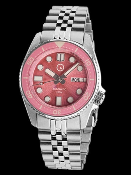 Islander 38mm Automatic Pink Dive Watch with Solid-Link Bracelet, AR Double Dome Sapphire Crystal, and Luminous Sapphire Bezel Insert #ISL-52