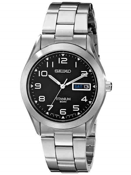 Seiko Quartz Black Dial Watch with 37mm Titanium Case and Folded Bracelet #SGG711