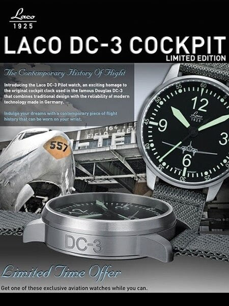 Laco DC-3 Homage 21-Jewel Automatic (Limited Edition) Pilot Watch with Sapphire Crystal #862001