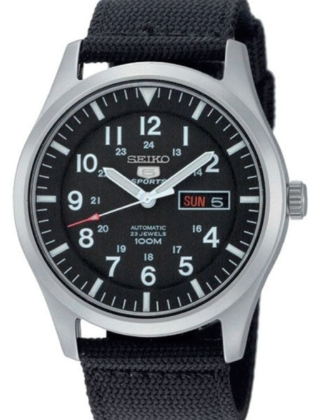 Seiko Military Black Dial Automatic Watch with 42mm Case, Black Canvas Strap #SNZG15K1