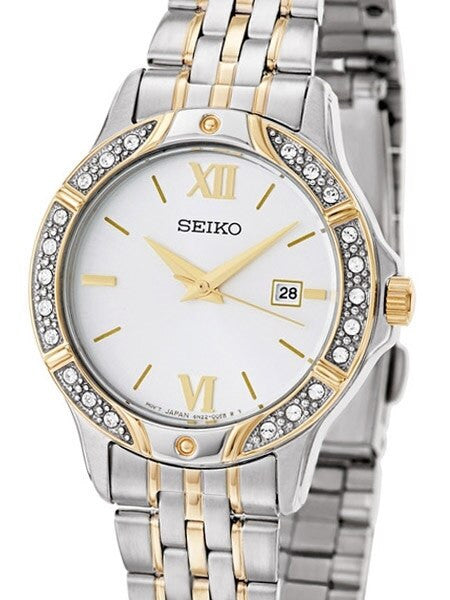 Seiko Two-Tone Women's Quartz Dress Watch with Swarovski Crystal Bezel, Mother of Pearl Dial #SUR864