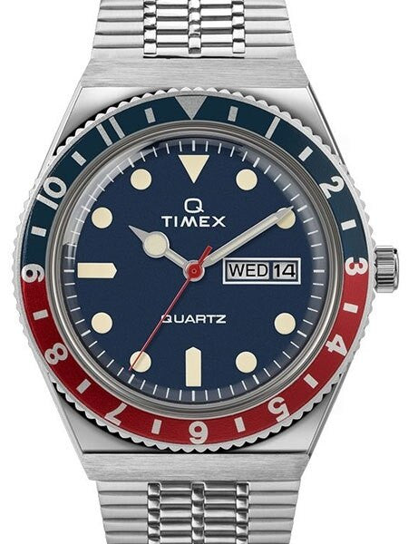 Timex Q 38mm Quartz Reissue Watch with Blue Dial and Stainless
